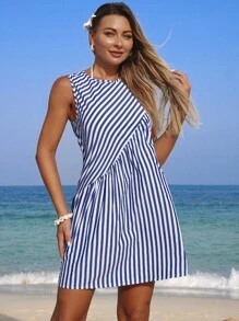 Swim Lushoire Women's Summer Beach Sleeveless Striped Print Asymmetrical Splice Vacation Dress - Blue - View 4