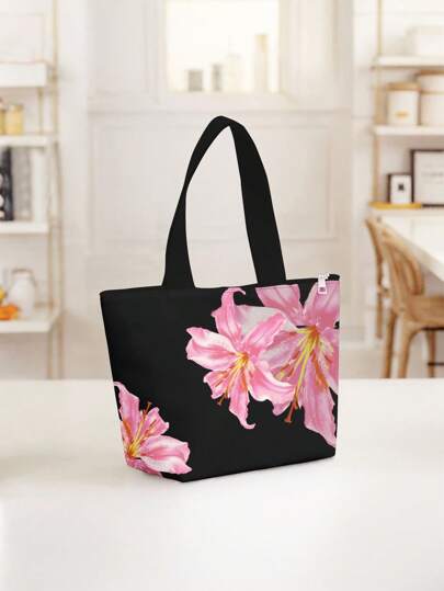 Fairycore Lily Flower Patterned Lunch Box Bag, Suitable For Office Workers And Students, Preppy Color Block Design