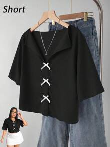 Plus Size Women's Simple Sweet V-Neck Frill Trim Bow Short Sleeve T-Shirt, Casual Mommy And Me Matching (Sold Separately) Summer - Black - View 1