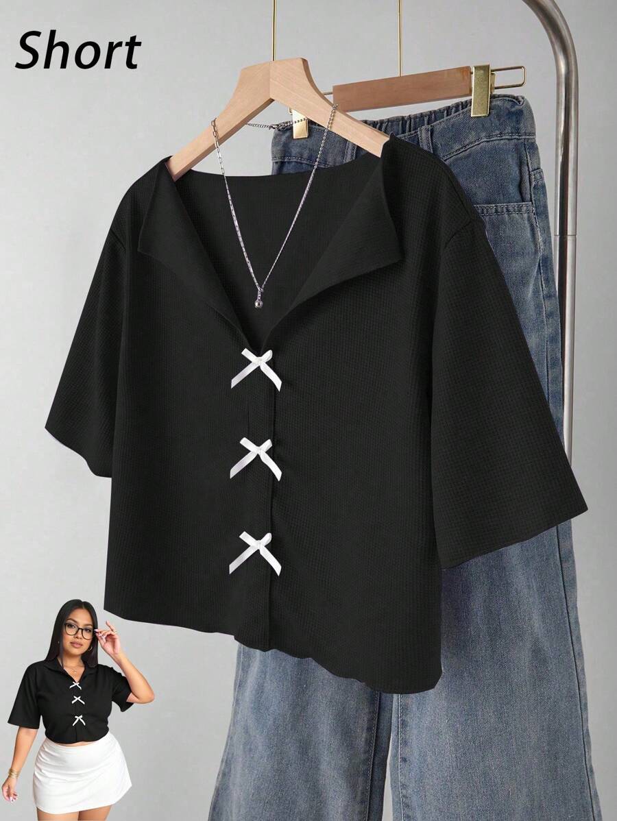 Plus Size Women's Simple Sweet V-Neck Frill Trim Bow Short Sleeve T-Shirt, Casual Mommy And Me Matching (Sold Separately) Summer - Black - View 1