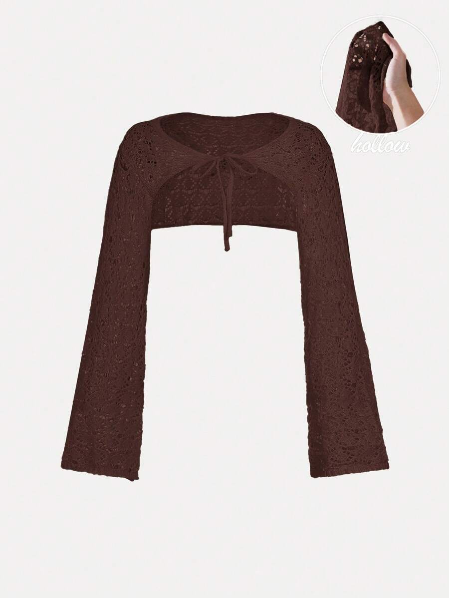 SHEIN MOD 咖啡棕色系带针织镂空喇叭袖开衫，度假开衫，波西米亚开衫，沙滩开衫，女士乡村风，春季开衫外套 - 咖啡棕 - 查看 1
