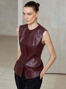Aveloria Modichic Chaqueta de viaje sin mangas de unicolor con cuello redondo y cintura con botones de PU - Burdeos - Ver 5