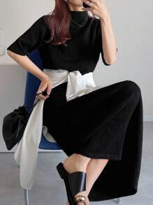 FRIFUL Women's Mock Neck Solid Color Textured Fabric Straight 3/4 Sleeve Slimming Long Dress - Black - View 6