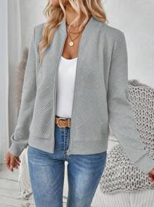 SHEIN LUNE 女士纯色时尚休闲提花针织夹克，适合秋冬季通勤 - 灰色 - 查看 5