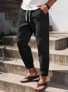 Manfinity RSRT 男士 100% 纯棉抽绳腰口袋休闲九分裤男士黑色亚麻裤男士抽绳裤黑色裤子男士休闲裤亚麻裤，秋季