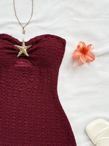 Soleia 女士度假白色针织纹理露肩镂空褶饰金属海星装饰修身迷你连衣裙，性感派对、约会、海滩度假、夏季服装 - 酒紅色 - 查看 6