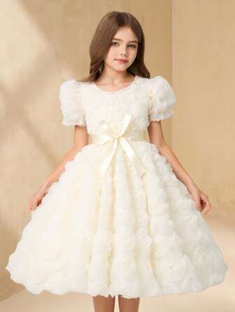 Elegant Girls Solid Color Puff Sleeve 3D Flower Decor Dress With Belt, Summer