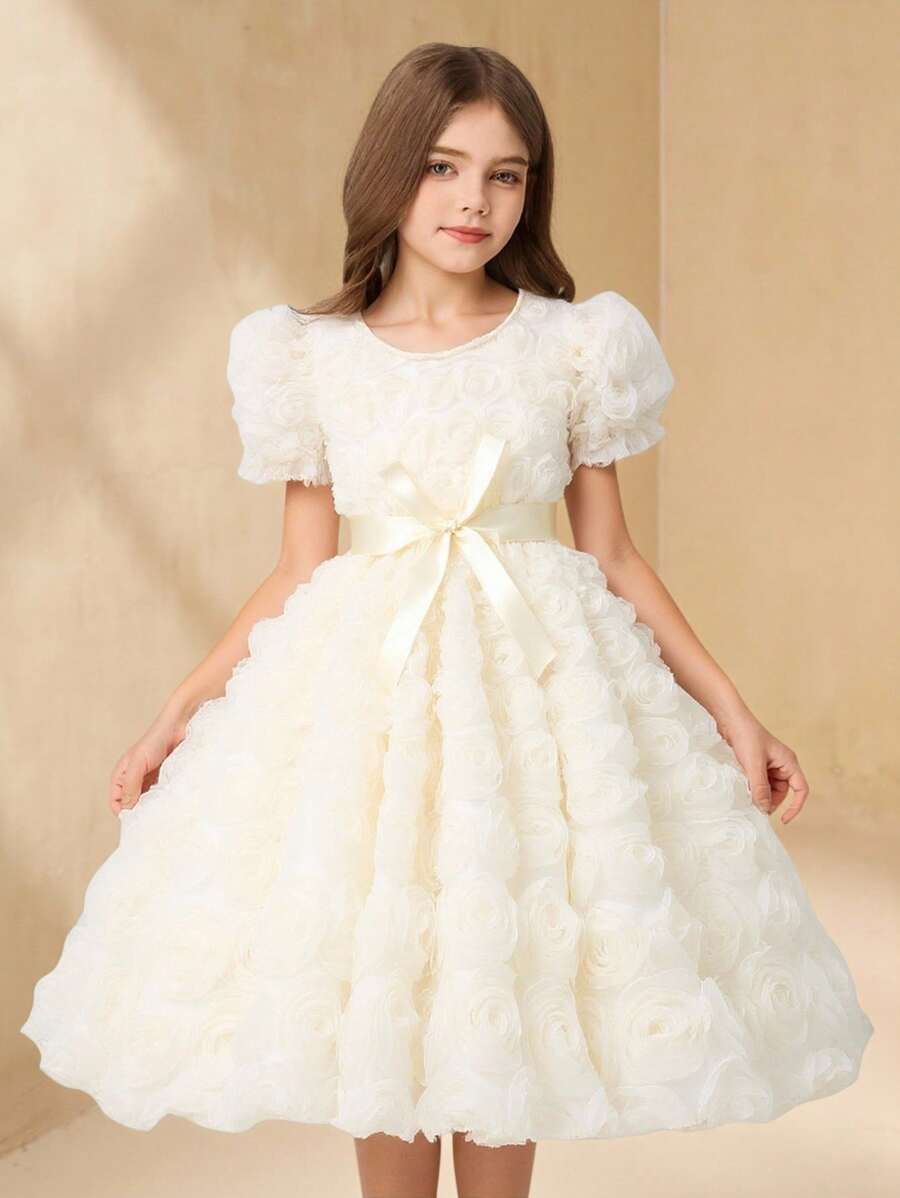 Elegant Girls Solid Color Puff Sleeve 3D Flower Decor Dress With Belt, Summer - Apricot - View 1