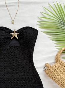 Soleia 女式度假白色针织纹理露肩低胸褶饰金属海星装饰紧身迷你连衣裙，性感派对约会海滩度假夏季服装 - 黑色 - 查看 4