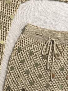 Soleia Bộ áo choàng dài tay hở vai sequin màu trơn và chân váy xẻ nửa cho kỳ nghỉ của phụ nữ - Màu Khaki - Xem 4