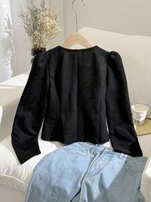 SHEIN 青少年女孩休闲时尚优雅复古风格罗纹圆领金属纽扣前长袖仿麂皮夹克，黑色 - 黑色 - 查看 2