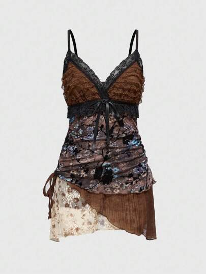 Hippie فستان صغير مكشكش مطبع بالزهور العتيقة ذو تنورة غير متماثلة متعددة الطبقات