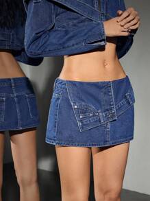 SHEIN EZwear Váy denim thời trang đơn sắc cạp gấp cho nữ - Rửa tối - Xem 2