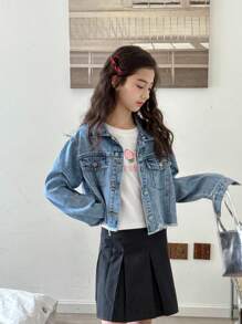 SHEIN TWEEN GIRLS Denim Jacket, Distressed Frayed Design Fashion Street Wear Denim Outerwear, Light Wash Short Style, Versatile, New Arrival Girls Cropped Denim Jacket Fall Winter