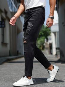 Manfinity LEGND Men's Fashion Street Style Embroidered Rhinestone Distressed Black Slim Fit Denim Jeans Men Rhinestone Jeans Men Graphic Jeans