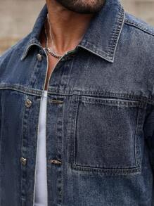 Manfinity Homme Men Washed Button Up Long Sleeve Denim Jacket, Fashion, Suitable For Summer, Fall - Blue - View 5