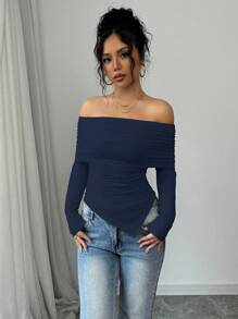 Elenzga 女士优雅露肩大翻领褶边修身T恤，春秋 - 藏蓝色 - 查看 7