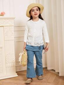 DAZY 年轻女孩圆领蕾丝拼布休闲长袖纯色开衫，秋装 - 白色 - 查看 3