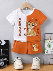 Áo thun tay ngắn in họa tiết sư tử hoạt hình và chữ cho bé trai/trẻ mới biết đi kèm quần short phù hợp - Nhiều màu - Xem 3