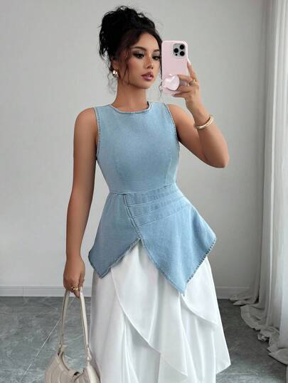 Elenzga ملابس علوية جينز نسائي بتصميم غير متماثل الهام ، صيفي