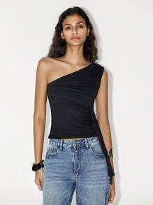 SHEIN LUNE Top asimétrico de un hombro negro con estilo francés chic de vibraciones urbanas de Halloween, para el verano y salir - Negro - Ver 3