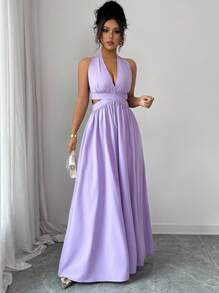 Rafferiza Schlicht und stimmungsvoll, V-Ausschnitt, Neckholder, Taille, Hohldesign, Plissee, großer Rock, Sommer, lila Damenkleid, langer Rock, elegantes Damenkleid, Damen-Maxirock, Sommerkleid, Urlaubskleid, Damen-Sommerkleid, Damen-Sommerkleidung, Hochzeits-/Eventkleid