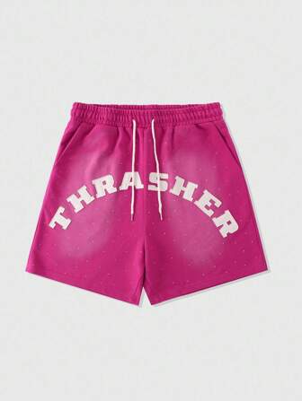 Street Life Herren Loose Shorts mit Strass Diamanten Text Stickerei
