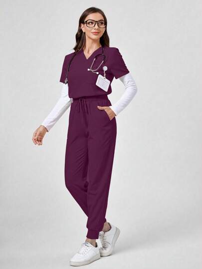 TaskEZ Conjunto de uniforme de pijama médico de color liso con cuello en V y mangas cortas, top y pantalones