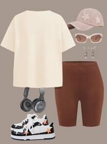 SHEIN 2 件青少年女孩休闲简约短袖宽松 T 恤和紧身裤套装，适合夏季 - 彩色 - 查看 2