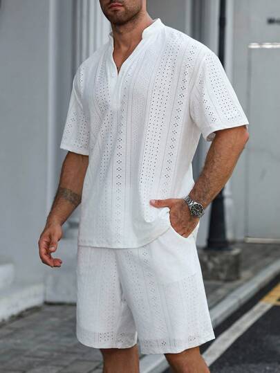 Manfinity Homme Plus Size Men 2 Pieces Set, Short Sleeve T-Shirt And Elastic Waist Shorts, Fitted T-Shirt And Shorts, Elastic Waistband With Side Pockets, Casual Versatile For Daily Wear, Commute, Holiday, Great Gift Choice For Boyfriend Or Husband