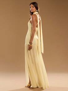 SHEIN BAE 秋季女式纯黄色露背领结胸罩杯褶皱下摆半透明长裙，奶油黄色连衣裙 - 黃色 - 查看 1