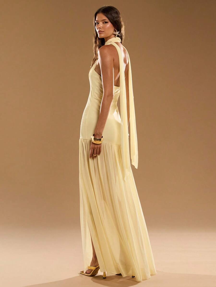 SHEIN BAE 秋季女式纯黄色露背领结胸罩杯褶皱下摆半透明长裙，奶油黄色连衣裙 - 黃色 - 查看 1