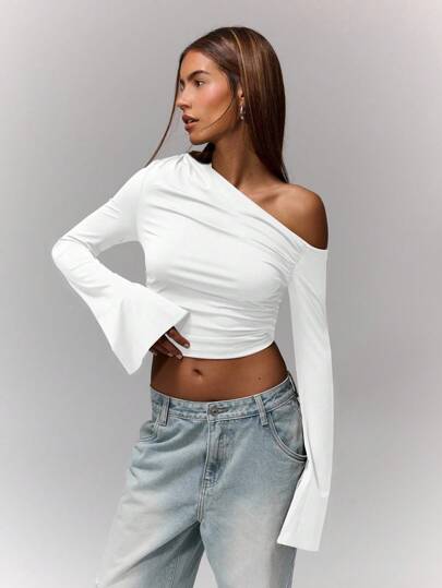 MUSERA Asymmetric Ruched Long Sleeve Crop Top Vacation Tops Ibiza Holiday Festival Going Out Tops Club Party Casual Dress ,Elegant Spring Summer