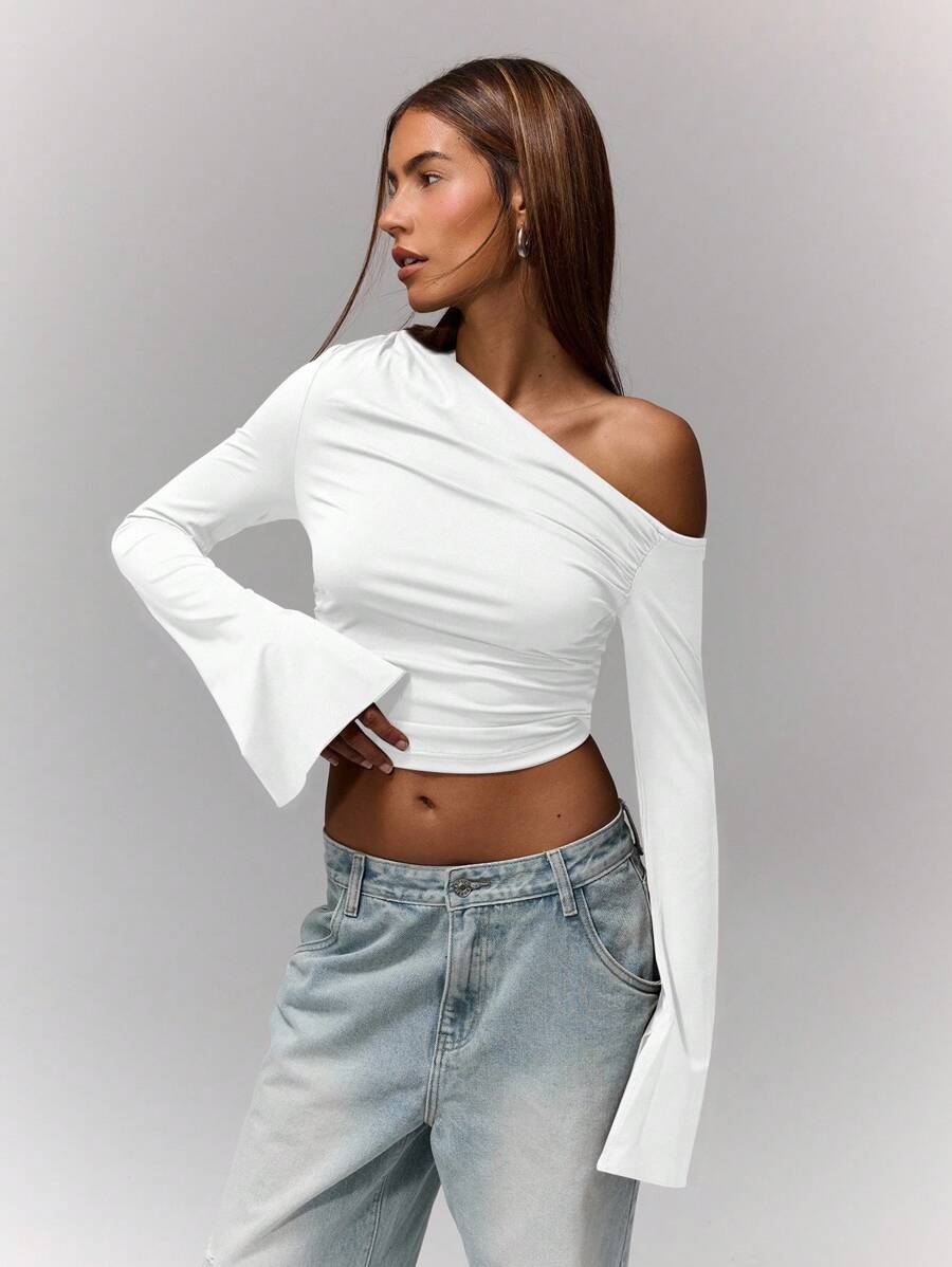 MUSERA 不对称褶皱长袖露脐度假上衣，适合伊比沙岛假日音乐节外出、夜店派对等休闲场合，优雅春夏款 - 白色 - 查看 1
