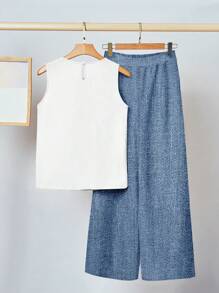 SHEIN Clasi 2pcs Set Casual Simple Blue Mechanical Heart Pattern & Full Mechanical Print Design Women Summer Outfits Wide Leg Pants Set Women Summer Pant Set 2 Pieces Summer Set Women Suitable For Going Out - Multicolor - View 2