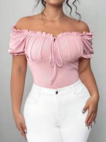 Elenzga Plus Size Solid Ribbed Elegant Short Sleeve T-Shirt With Front Tie Detail, New Arrival In June