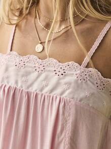 Aralina Summer / Fall Beach Vacation Broderie Trim Baby Doll Pink Mini Dress - Pink - View 9