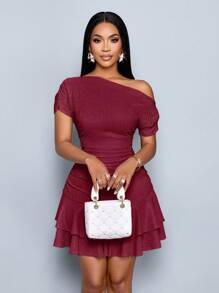 SOLERSUN Women's Elegant Party Daytime Apricot Knitted Asymmetrical Neck Neck Long Sleeves Gathered Double Ruffle Mini Dress - Burgundy - View 4