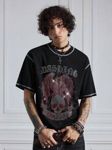 ROMWE MEN Grunge Punk Áo thun nam mùa hè giản dị đường phố tối màu cánh đầu lâu đính đá tương phản chữ - màu đen - Xem 6
