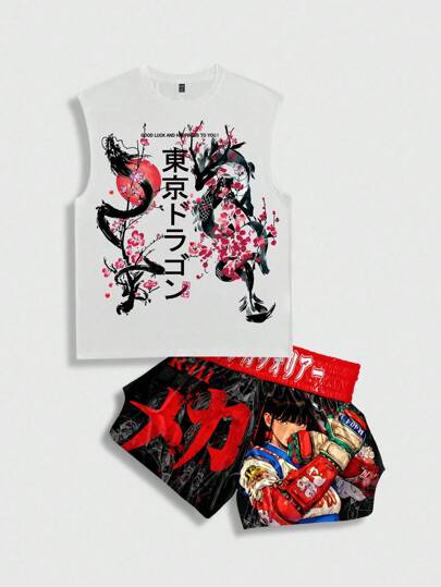 Anime 2pcs Men's Casual Slogan Print Japan Style Round Neck Tank Top And Shorts Set, Summer