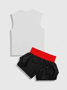 ROMWE MEN Anime 2pcs Men's Casual Slogan Print Japan Style Round Neck Tank Top And Shorts Set, Summer - White - View 2