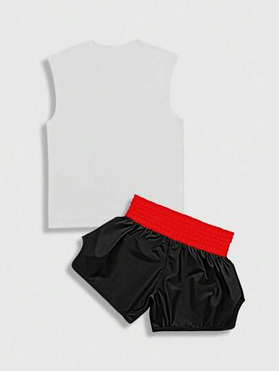 Street Life 2pcs Men's Casual Slogan Print Japan Style Round Neck Tank Top And Shorts Set, Summer
