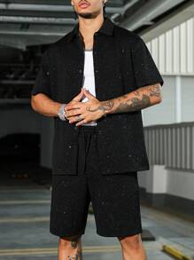 PAVTROS Bộ áo sơ mi tay ngắn và quần short thời trang mùa hè Manfinity Streetrush dành cho nam, họa tiết kim tuyến vàng ngẫu nhiên, trang phục ấm áp - màu đen - Xem 4