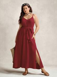 SHEIN LUNE Plus Size Women's Apricot Textured Fabric Side Split Long Dress Comfortable Cotton