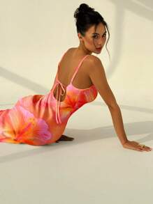 Aloruh Váy bó sát bodycon dây mảnh mùa hè in họa tiết hoa dâm bụt màu cam gợi cảm, phù hợp cho mùa hè, kỳ nghỉ, bãi biển, lễ hội âm nhạc - trái cam - Xem 3