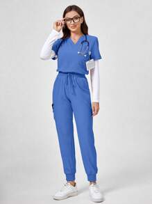 TaskEZ Scrub Uniform Set With Solid V-Neck Short Sleeve Top And Pockets Pants - Lake Blue - View 5