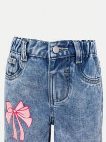 Young Girls Oversized Loose Flare Fit Cute Printed Washed Denim Jeans, School, Campus, College Summer Holiday - Medium Wash - View 5