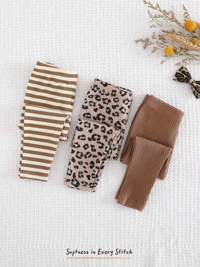 Cozy Pixies Set de 3 pantalones con estampado de leopardo suave y cintura elástica para bebé niña