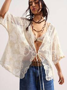 Bohemela Women's Casual Solid Color V-Neck Loose Woven Blouse - Apricot - View 4