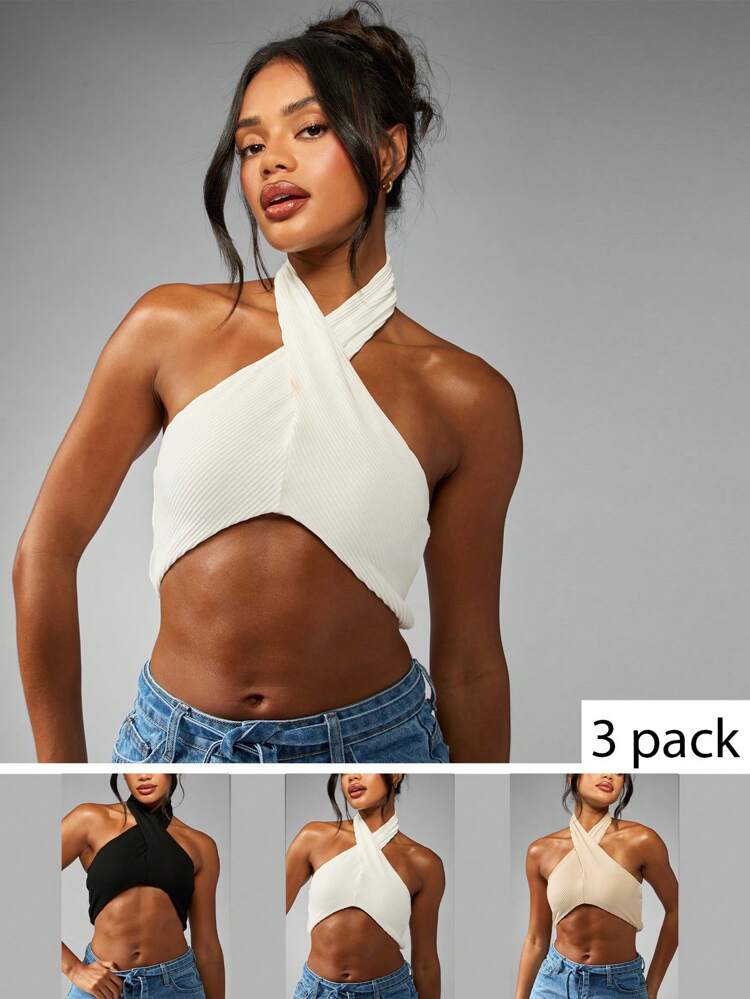 MISSGUIDED 3 Packs Halter Neck Crop Top Bundle Ribbed Crossover Front Summer Festival Essential Fashion Multipack Sleeveless Basic Tank Tops